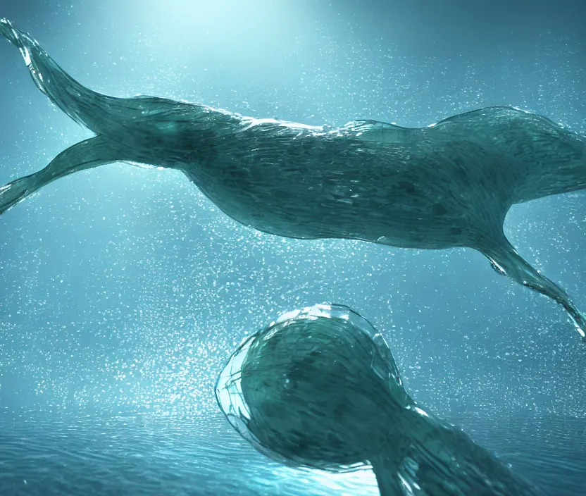 Image similar to a realistic photo of a semi - translucent water creature in action, water sea lake underwater, clear, global illumination, refraction, displacement map, bump map, normal map,