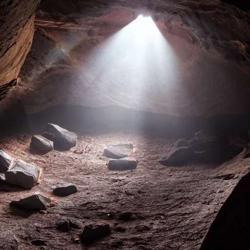 Prompt: a cave filled with pirate treasure, sunlight coming in from a crack in the cave ceiling, skeleton remains laying on the floor