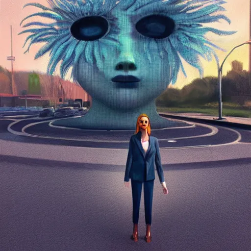 Image similar to giant daisy flower head, frontal, girl in a suit standing on street, surreal photography, sunrise, dramatic light, impressionist painting, digital painting, artstation, simon stalenhag