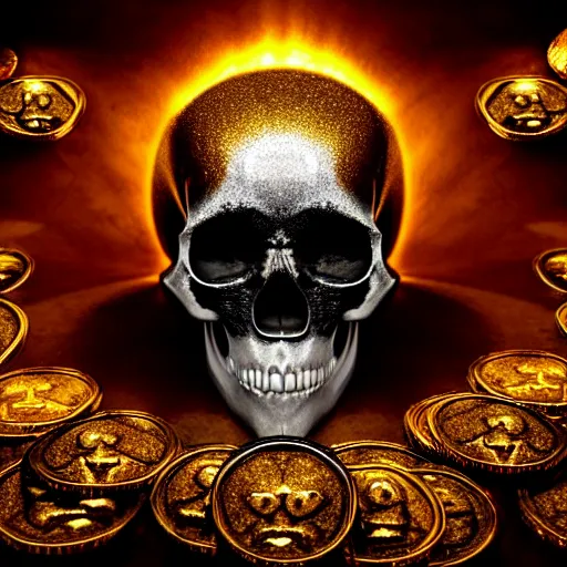 Image similar to a symmetrical skull of white flames in the center surrounded by a large number of glittering gold and silver coins and some treasure chests in the background of a dark slate cave, rays of light, dust, dim lighting, highly detailed, cinematic, high contrast, intricate, mystery, epic, dark fantasy, sense of awe, matte painting, digital art