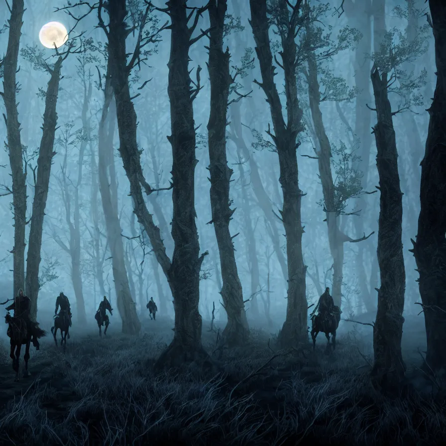 Image similar to the wild hunt, ghost riders, spectral skeletal shadowy creatures, full moon, lurking enchanted woods, blizzard, fog, treacherous road, uneasy atmosphere, cinematic, the witcher, arnold gpu + octane workflow, 8 k, unreal 5, realistic, intricate digital art, volumetric lighting, trending artstation, dark fantasy