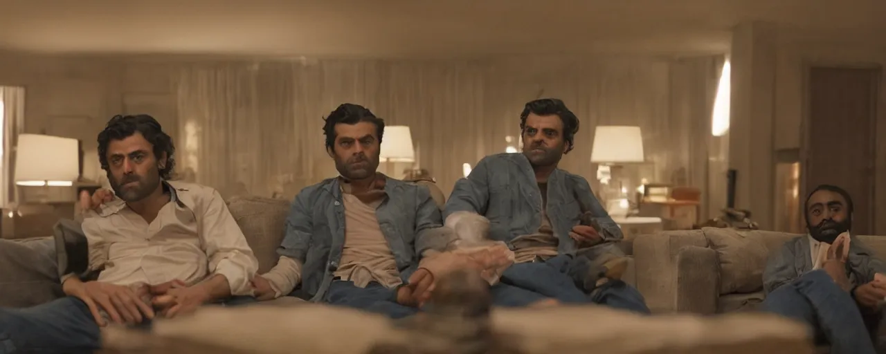 Prompt: 3 / 4 mid close up shot of oscar isaac interior of a 1 9 8 0 house living room at night directed by bradford young, imax 2 0 mm anamorphic lens,