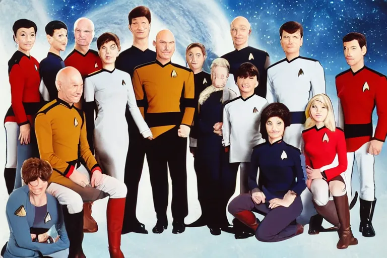 Image similar to star trek next generation enterprise - d bridge crew, captain picard in center, family portrait, in style of studio ghibli