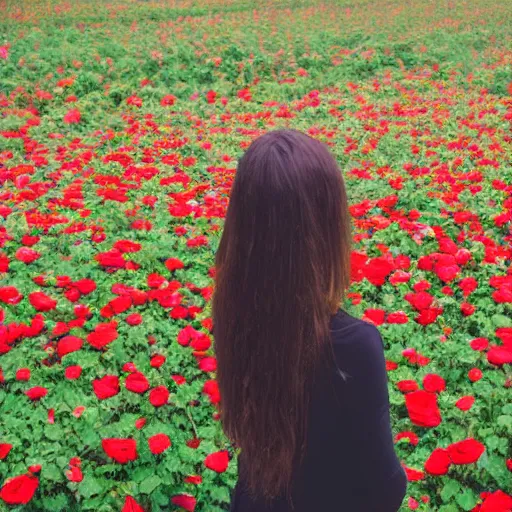 Prompt: a girl with medium and long hair standing in the sea of roses