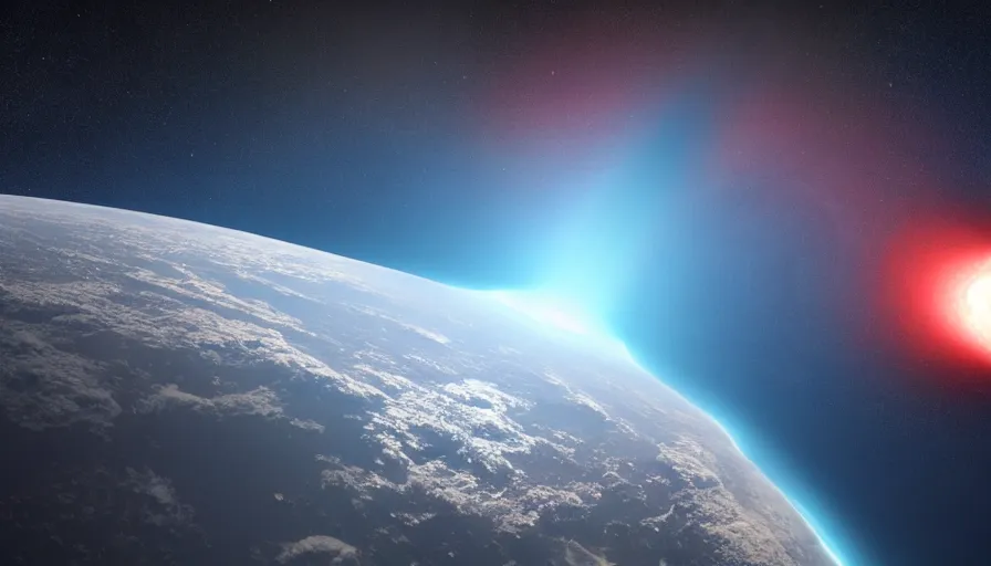 Image similar to seismic shockwave in atmosphere from space, photorealistic rendering, 4 k, dynamic lighting, directional light