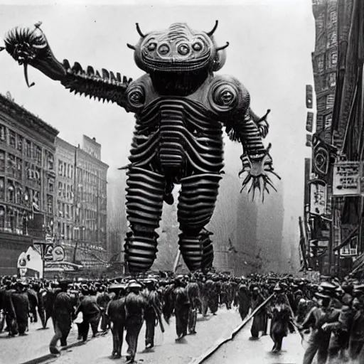 Image similar to old black and white photo, 1 9 1 3, depicting a giant biomechanical alien monster kaiju robot fighting the army through the bustling streets of new york city, historical record