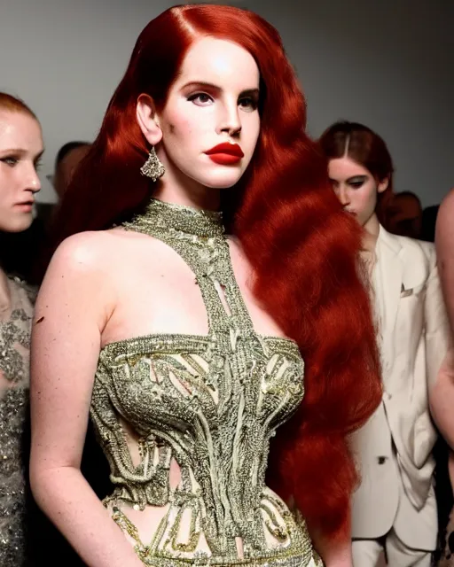 Prompt: cyborg lana del rey wearing a zuhair murad gown made from wires and beads, at new york fashion week, stunning face, lush red hair, attractive curvy physique, pale skin, portrait by carl van vechten, stage lighting, soft colors, female beauty, intricate detail, risque fashion, elegance, 3 5 mm, depth of field, masterpiece