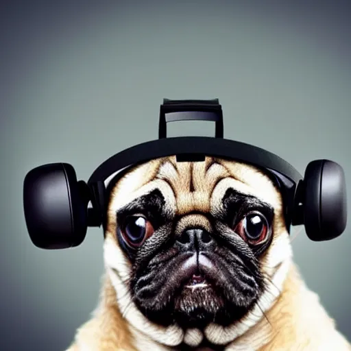 Image similar to a pug wearing a VR headset. Photorealistic.