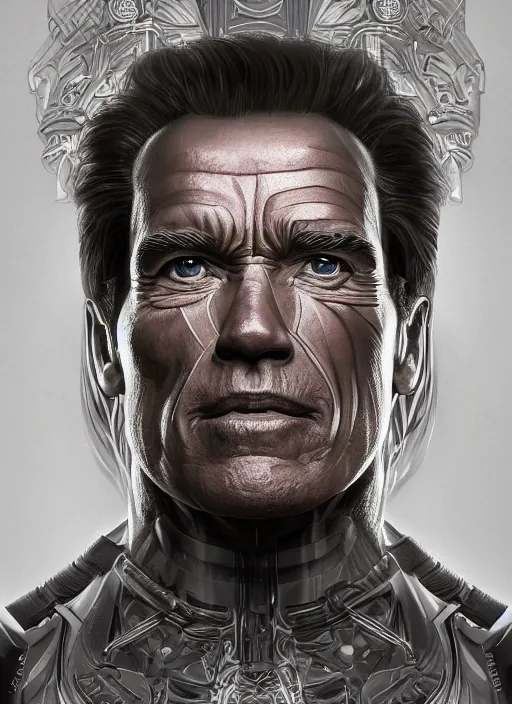 Image similar to symmetry!! arnold schwarzenegger, machine parts embedded into face, intricate, elegant, highly detailed, digital painting, artstation, concept art, smooth, sharp focus, illustration, art by artgerm and greg rutkowski and alphonse mucha, 8 k