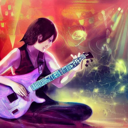 Image similar to women playing guitar, many television sets in the background, art poster, art nuevo, artstation, details, fog, futuristic