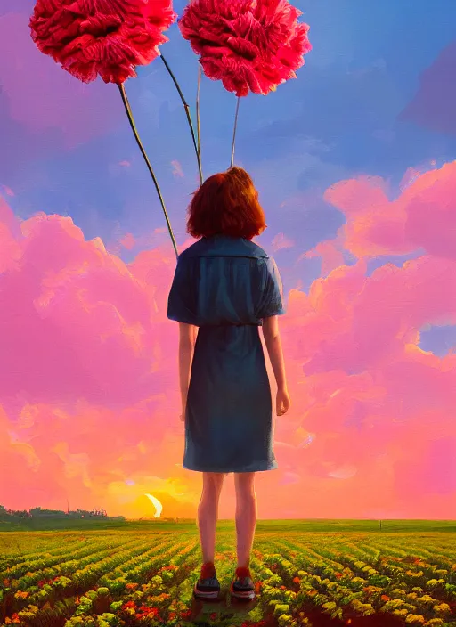 Image similar to portrait of a woman with a giant carnation as a face, flower field, surreal photography, sunset dramatic light, impressionist painting, colorful clouds, blue sky, digital painting, artstation, simon stalenhag