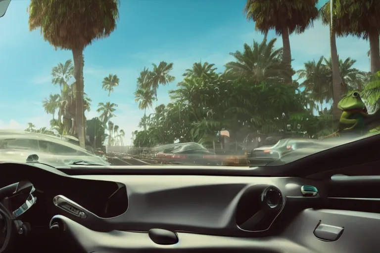 Image similar to frog wearing a suit driving a car in the front seat, palm trees, 3 d render, octane render, unreal engine, hyper detailed