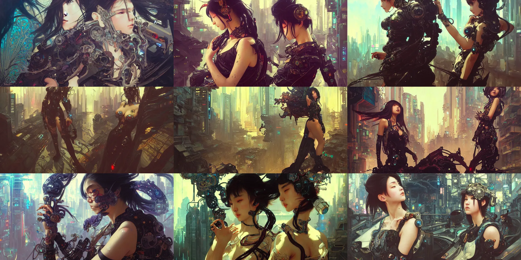 Prompt: ultra realistic beautiful cyberpunk kowloon techno art, beautiful alluring anime teen, sci - fi, fantasy, intricate, elegant, highly detailed, digital painting, artstation, concept art, smooth, sharp focus, illustration, art by artgerm and alphonse mucha and tian zi and peter mohrbacher