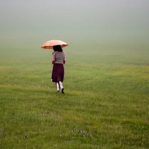 Prompt: a woman walking in the meadow on a plain rainy day