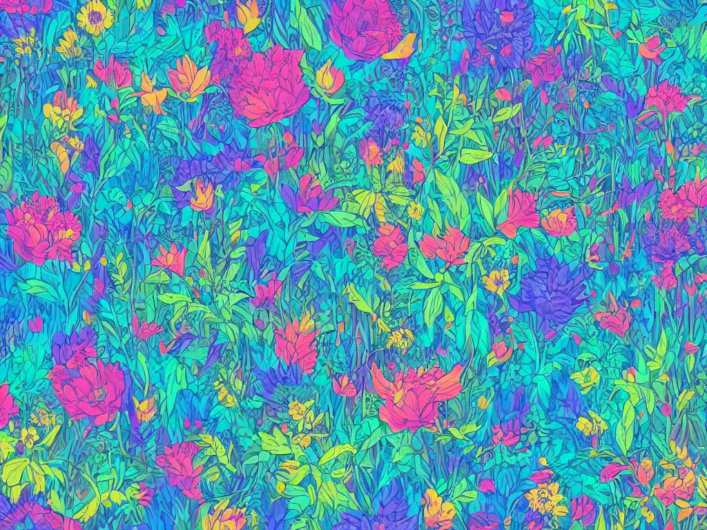 Image similar to forest with flowers blue, Digital Matte Illustration by Dan Mumford, lisa frank