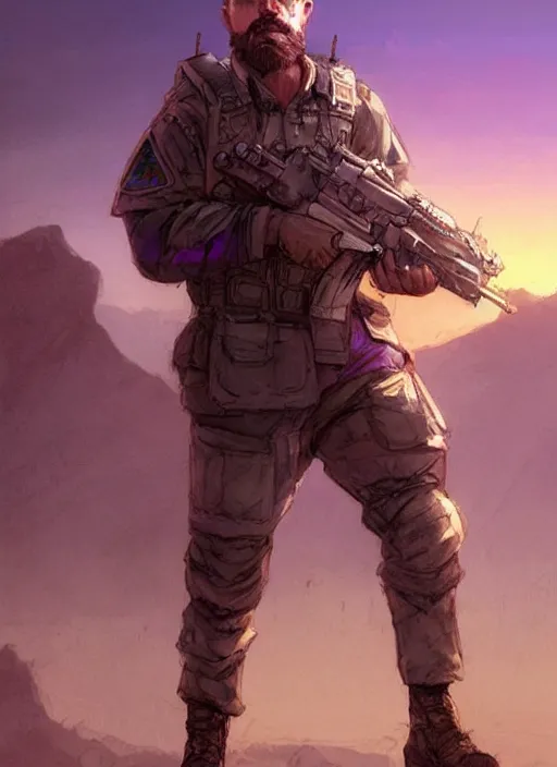 Image similar to purple lighting, detailed character portrait concept art, white male strong muscular mature soldier with beard and short hair in a soldier uniform, desert with city in the background, sharp focus, illustration, highly detailed, digital painting, concept art, matte, art by wlop and artgerm and greg rutkowski, masterpiece