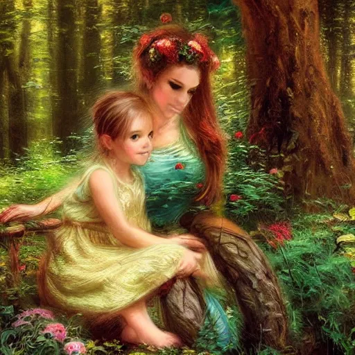 Image similar to forest sensual woman and her daughter eating animal in the forest, digital art, artwork, hihgky detailed face, thomas kindkade, fantasy, intricate