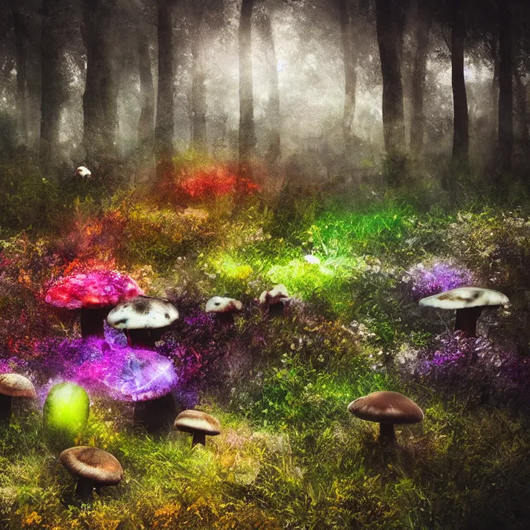 Image similar to a planet of various fungus like trees, mushrooms, flowers and plants, artistic photography, conceptual, long exposure outside the city, volumetric light