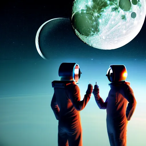 Image similar to a gay couple floating in space looking at the moon from up close, science fiction industrial hard science concept art, 8 k render octane high definition cgsociety