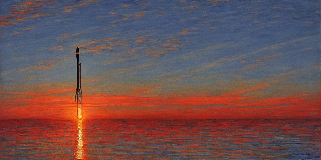 Image similar to Landing of a Falcon 9 booster in the style of Monet, sunset, landing legs deployed, SpaceX