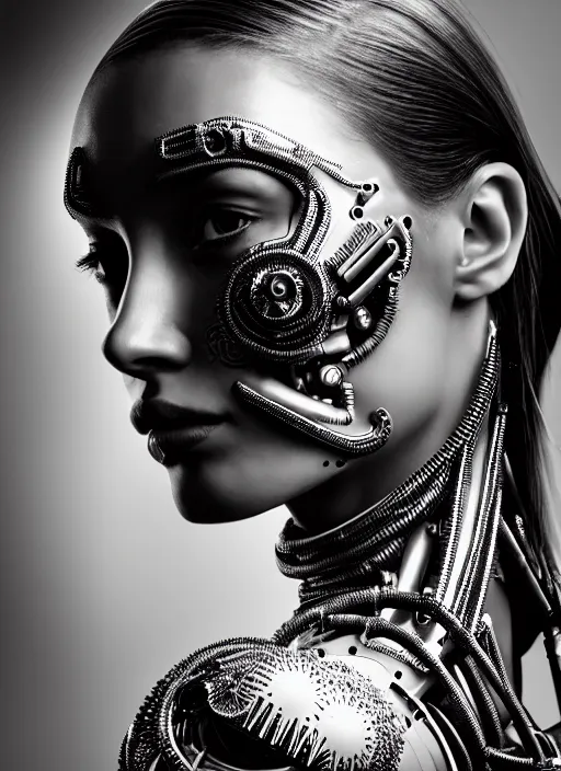 Image similar to a stunning young female cyborg profile face, face is made intricate tribal bio - mechanical, editorial photography, bw, shot on 7 0 mm, depth of field, f / 2. 8, high contrast, 1 6 k, rays of shimmering light, volumetric lighting, shiny, insanely detailed and intricate, hypermaximalist, elegant, ornate, hyper realistic, super detailed