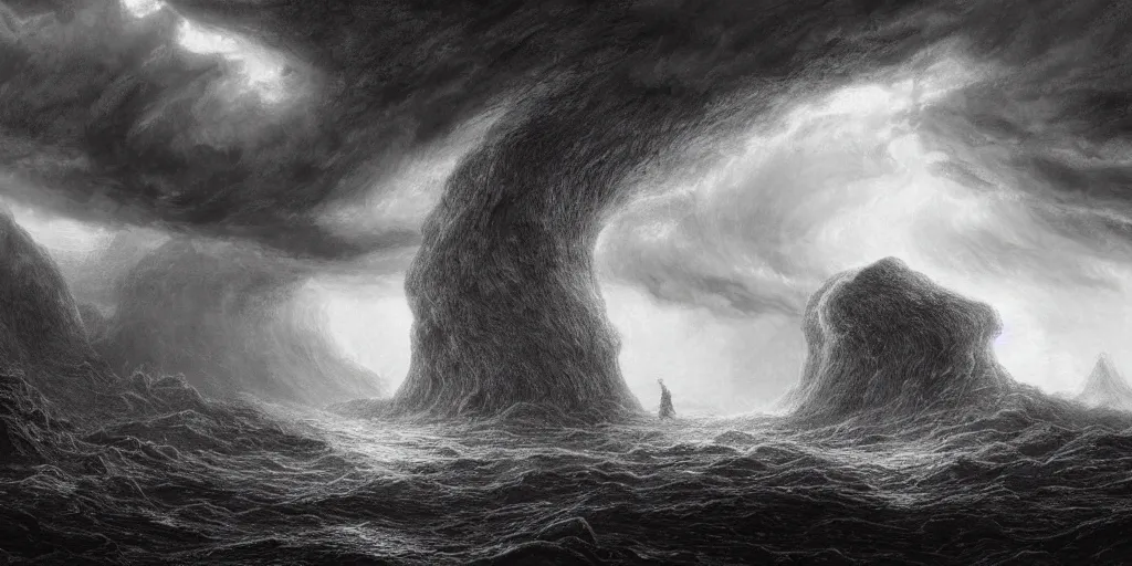 Prompt: a giant colossus in the raging storm, prehistoric landscape, darkness, drawn by nicholas delort!!! and gustave dore, frank miller, nicholas delort, graphic black and white, hatching, low camera, wide angle, centered composition, golden ratio