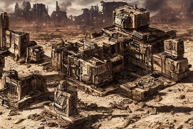 Image similar to desert landscape futuristic city ruins fallout post apocalyptic burning robot