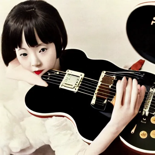 Prompt: real-life Yui Hirasawa with the Gibson Pre-'08 Les Paul Standard '50s, a still of a Japanese movie