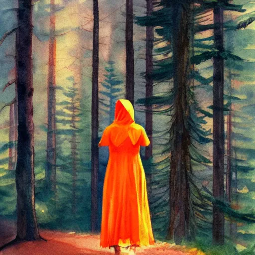 Prompt: Little Orange Riding Hood wear a dress in the valley, dark ambient beautiful, neoplasticism, 8k resolution, road into the forest with a lake, watercolor, detailed painting, art style by Edward Hopper daring, incredible, trending on Artstation