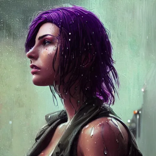 Image similar to very detailed masterpiece painting of a very beautiful wet young cyberpunk woman with olive skin, dark purple hair and cybernetics, cyberpunk background, raining, closeup, portrait, artstation, concept art by greg rutkowski