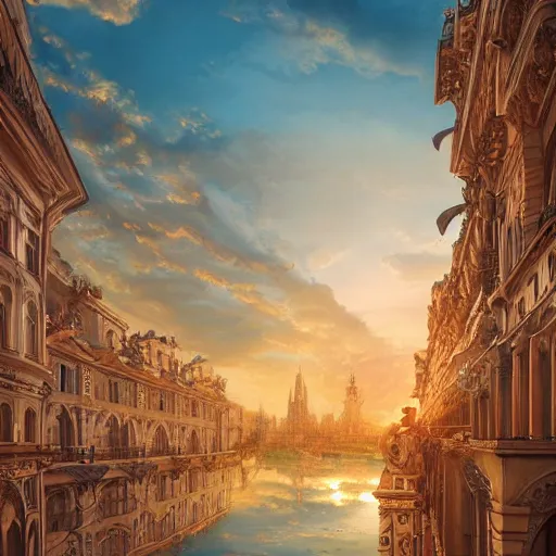 Image similar to magnificent baroque city floating in air, beautiful, surreal, highly detailed, sharp focus, sunset, by artgerm, cgsociety