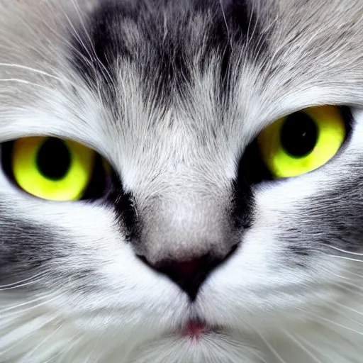 Image similar to Fluffy long fur white and grey cat, yellow eyes, cute, 4K