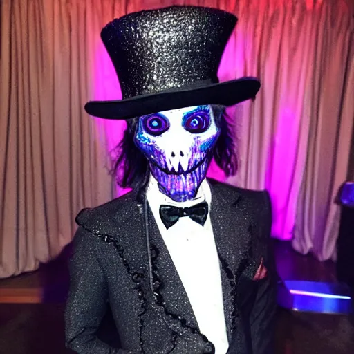 Image similar to undead night elf at prom wearing a tophat, exquisite detail, lasers, disco ball,