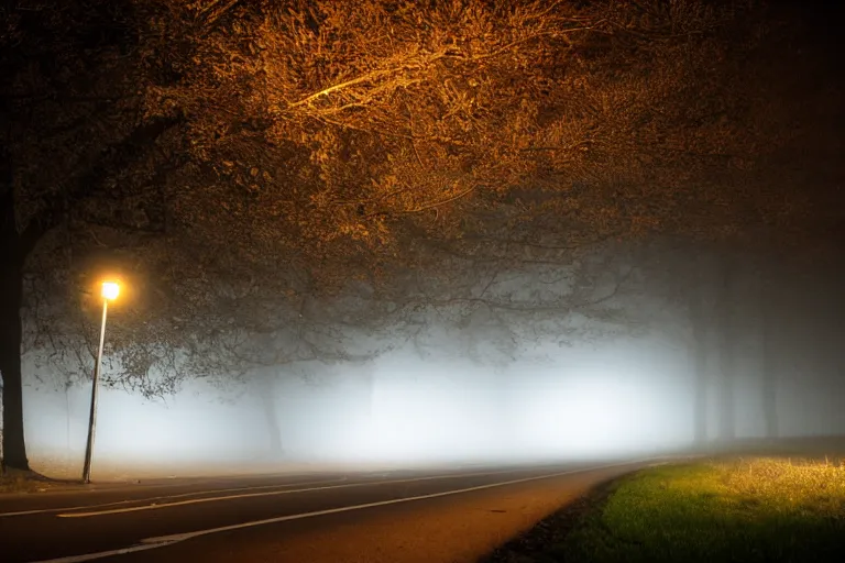 Image similar to looking down road, a lonely house, fog, mid night, dark, car lights