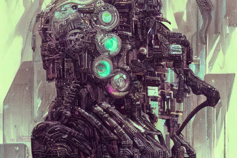 Image similar to highly detailed concept art of neuromancer characters, dystopian post - apocalyptic retrofuturistic neon vibe, an ultrafine detailed painting by hans giger and wayne barlowe, trending on deviantart, pop surrealism, whimsical, lowbrow, perfect symmetrical face, sharp focus, octane, masterpiece