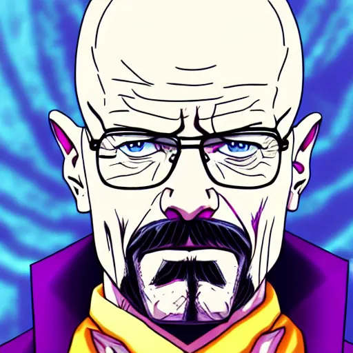 Image similar to walter white in jojos bizarre adventure, 4 k, hyper realistic, anime style, illustration