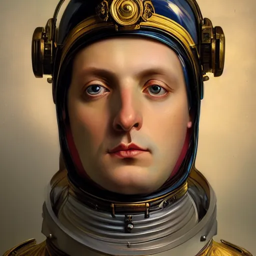 Prompt: portrait of divine emperor napoleon bonaparte, astronaut, handsome, tall, dieselpunk steampunk napoleonic french baroque, metal shoulder pauldrons, intricate, highly detailed, digital painting, artstation, concept art, sharp focus, cinematic lighting, illustration, art by artgerm and greg rutkowski, alphonse mucha, cgsociety