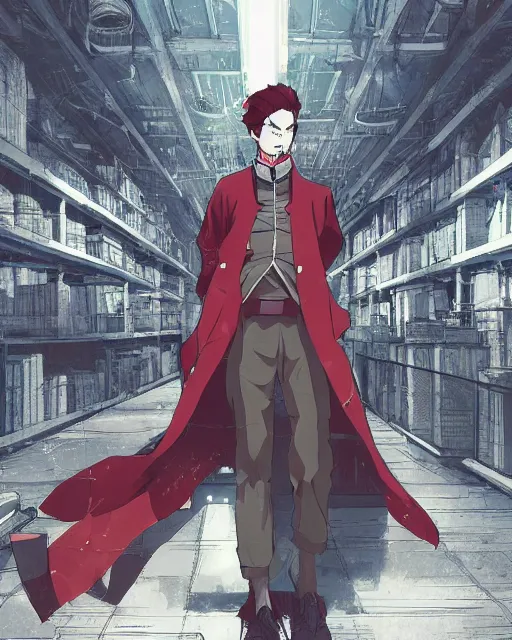 Image similar to Digital communist anime art by WLOP and Mobius, Karl Marx, serious expression, empty warehouse background, highly detailed, spotlight