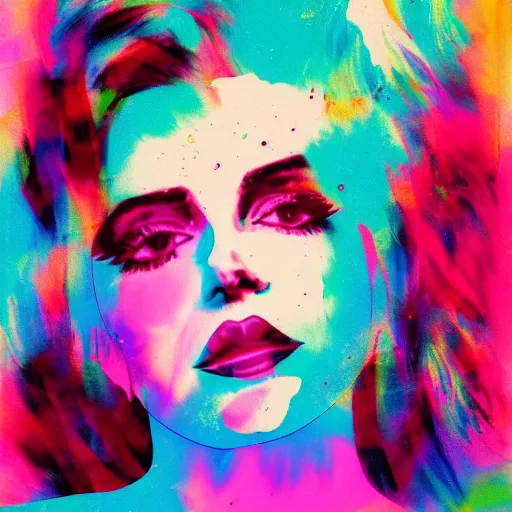 Image similar to lana del rey abstract painting, glitchcore, splatter, distortion, 3 5 mm