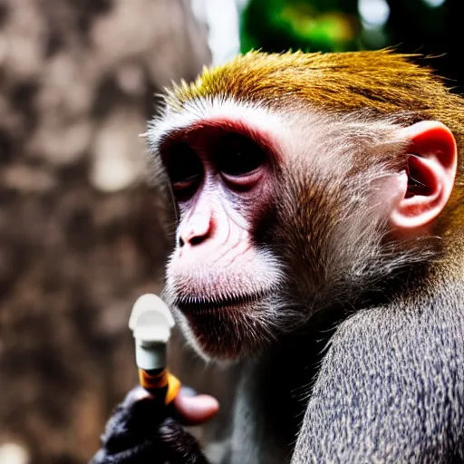 Prompt: A monkey smoking methamphetamine out of a crack pipe, fisheye lens