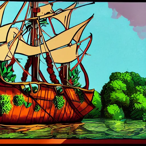 Image similar to pirate ship that has a large green fruit tree in the middle of it, surrounded by water, bold complementary colours, 2 d matte, comic book art,
