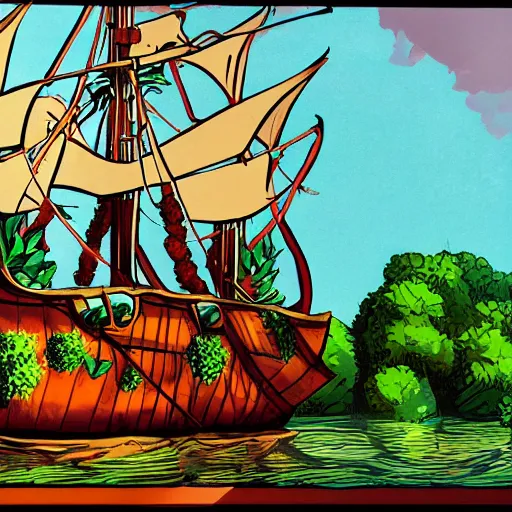 Prompt: pirate ship that has a large green fruit tree in the middle of it, surrounded by water, bold complementary colours, 2 d matte, comic book art,