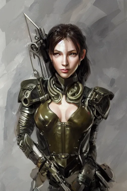 Image similar to a professionally painted portrait of an attractive young woman, clothed in military armor, olive skin, long dark hair, beautiful bone structure, symmetrical facial features, intricate, elegant, digital painting, trending on Artstation, concept art, smooth, sharp focus, illustration, from Metal Gear by Ruan Jia and Mandy Jurgens and Artgerm and William-Adolphe Bouguerea, award winning