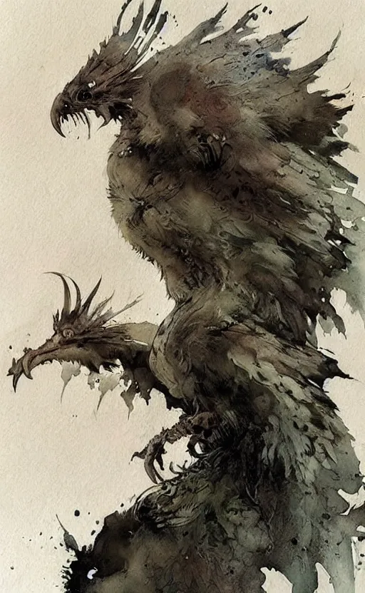 Image similar to detailed terrifying bird god by Jean-Baptiste Monge and frank frazetta , post processing, painterly, book illustration watercolor granular splatter dripping paper texture, ink outlines, painterly, trending on artstation, trending on pinterest childrens art