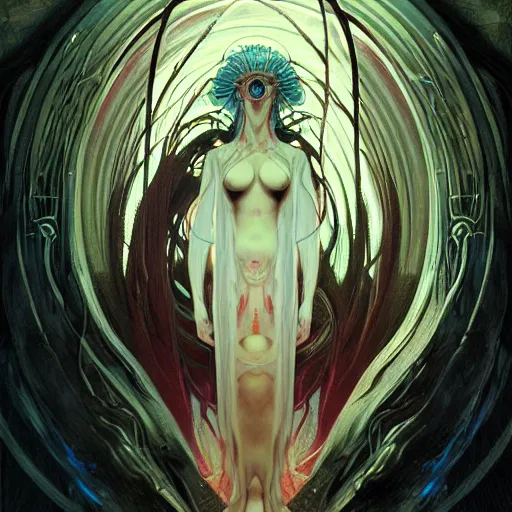 Image similar to portrait of small, rubbery, huge-eyed, big-lipped albino mutant priestess with elaborate white hair; Dune concept art by Anato Finnstark, Alphonse Mucha, Beksinski, and Studio Ghibli