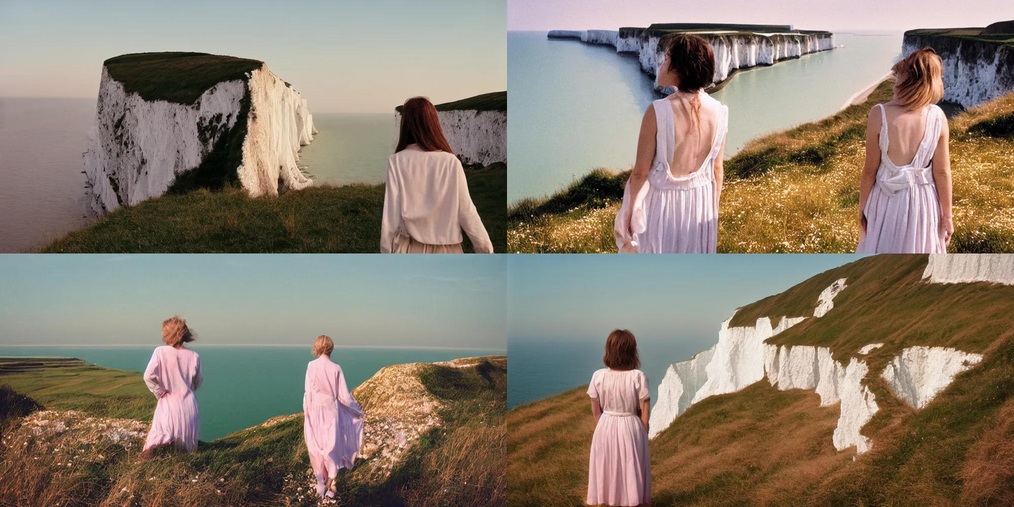 Prompt: photograph of a beautiful!!! woman! from the back standing in white cliffs of dover by mark owen. pastel colors. kodak portra 4 0 0 film!!. whirl bokeh!. mamiya 7. highly detailed. hq. photoreal. golden hour. lens flare. faded film. in - frame