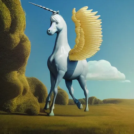 Image similar to jeff goldblum on a winged unicorn, art by beeple, hyperrealistic