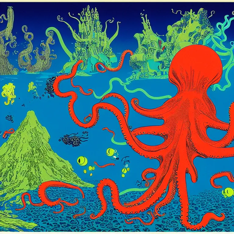 Image similar to volcanoes under the sea, octopus gripping submarine, bright neon colors, highly detailed, high resolution, cinematic, eyvind earle, tim white, philippe druillet, roger dean, lisa frank, aubrey beardsley, hiroo isono, ernst haeckel