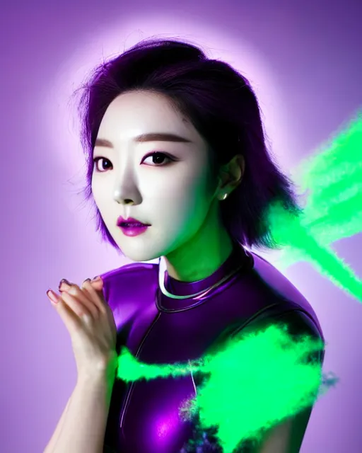 Image similar to photos of beautiful actress HoYeon Jung with Purple colored skin makeup as the purple skinned Green Lantern soranik natu as she soars thru outer space, HoYeon Jung, photogenic, purple skin, short black pixie like hair, particle effects, photography, studio lighting, cinematic
