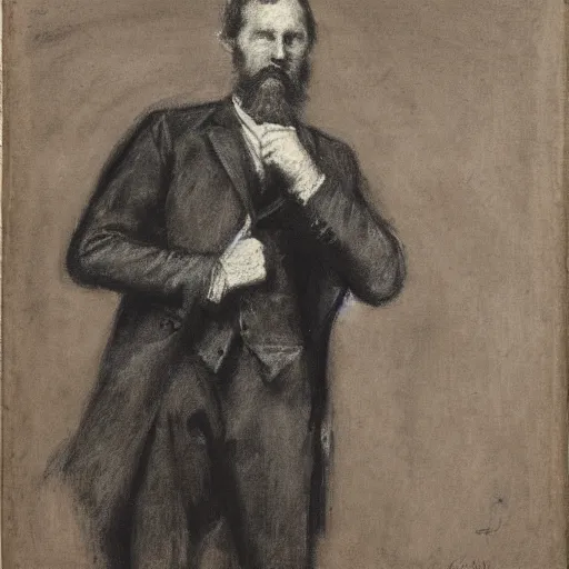 Image similar to portrait of an action hero mage in suit and tie, raising his hand, channeling magic, by alfred stevens in charcoal